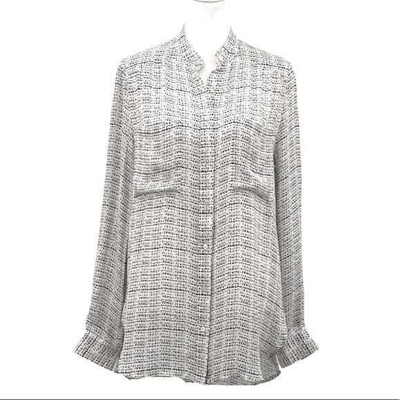 NWT - HAUTE HIPPIE Silk Long Sleeve Blouse Top White Black Multi-Swan- Sz  Small